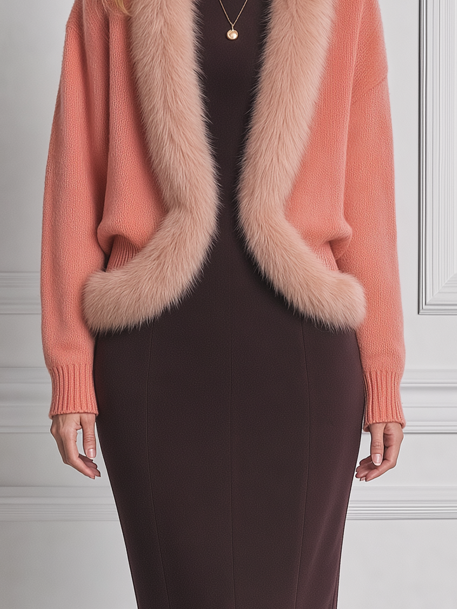 Peach Stockholm Style Faux Fur Trim Cardigan & Chocolate Pencil Midi Dress Set