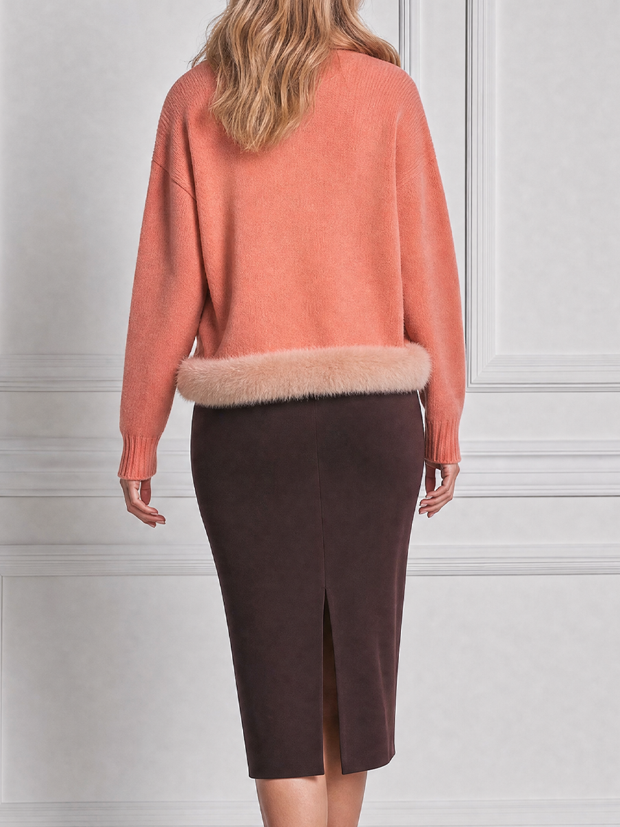 Peach Stockholm Style Faux Fur Trim Cardigan & Chocolate Pencil Midi Dress Set