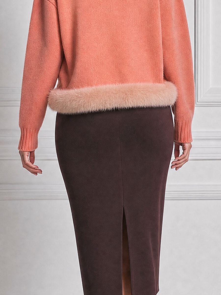 Peach Stockholm Style Faux Fur Trim Cardigan & Chocolate Pencil Midi Dress Set