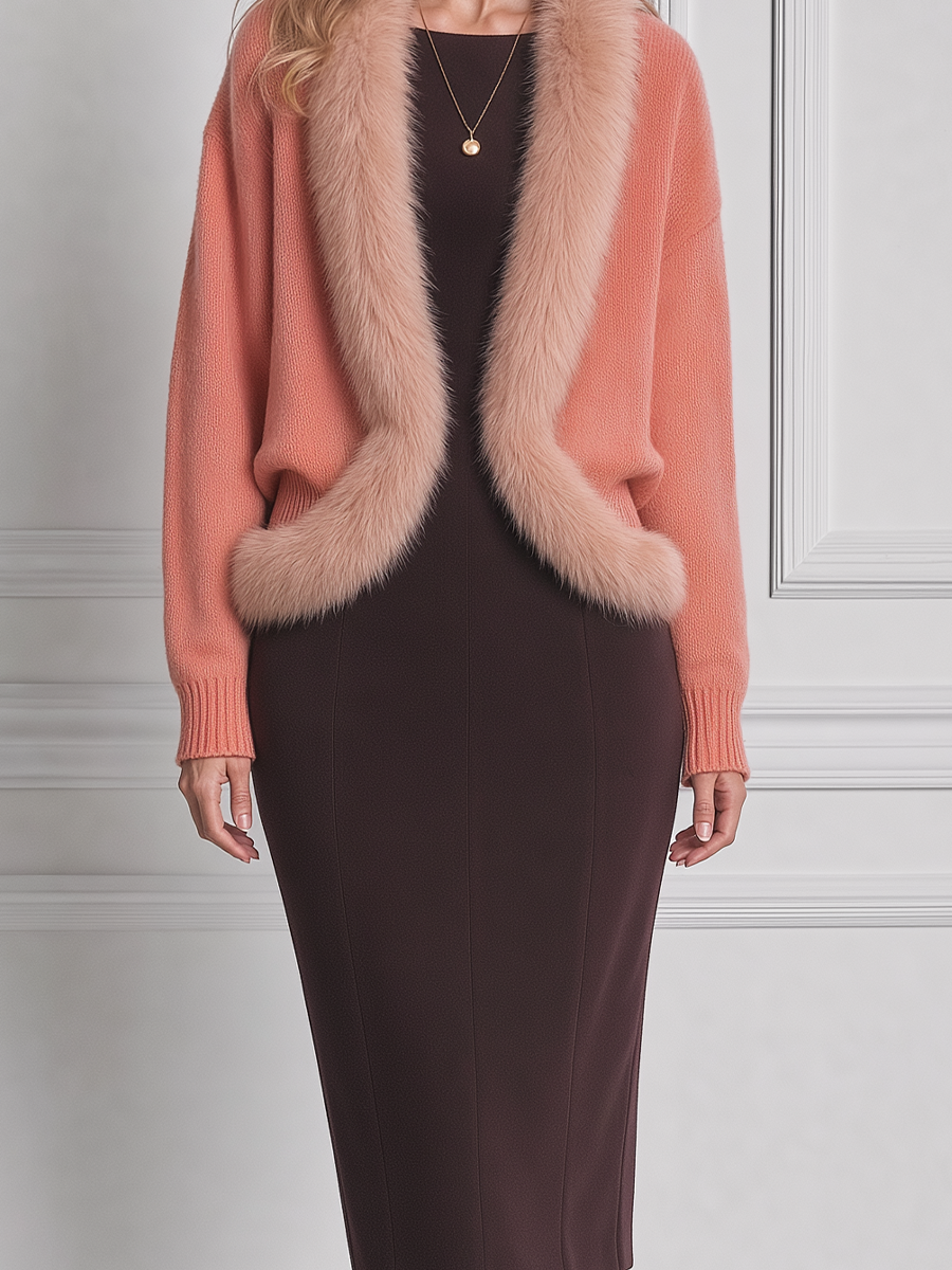 Peach Stockholm Style Faux Fur Trim Cardigan & Chocolate Pencil Midi Dress Set