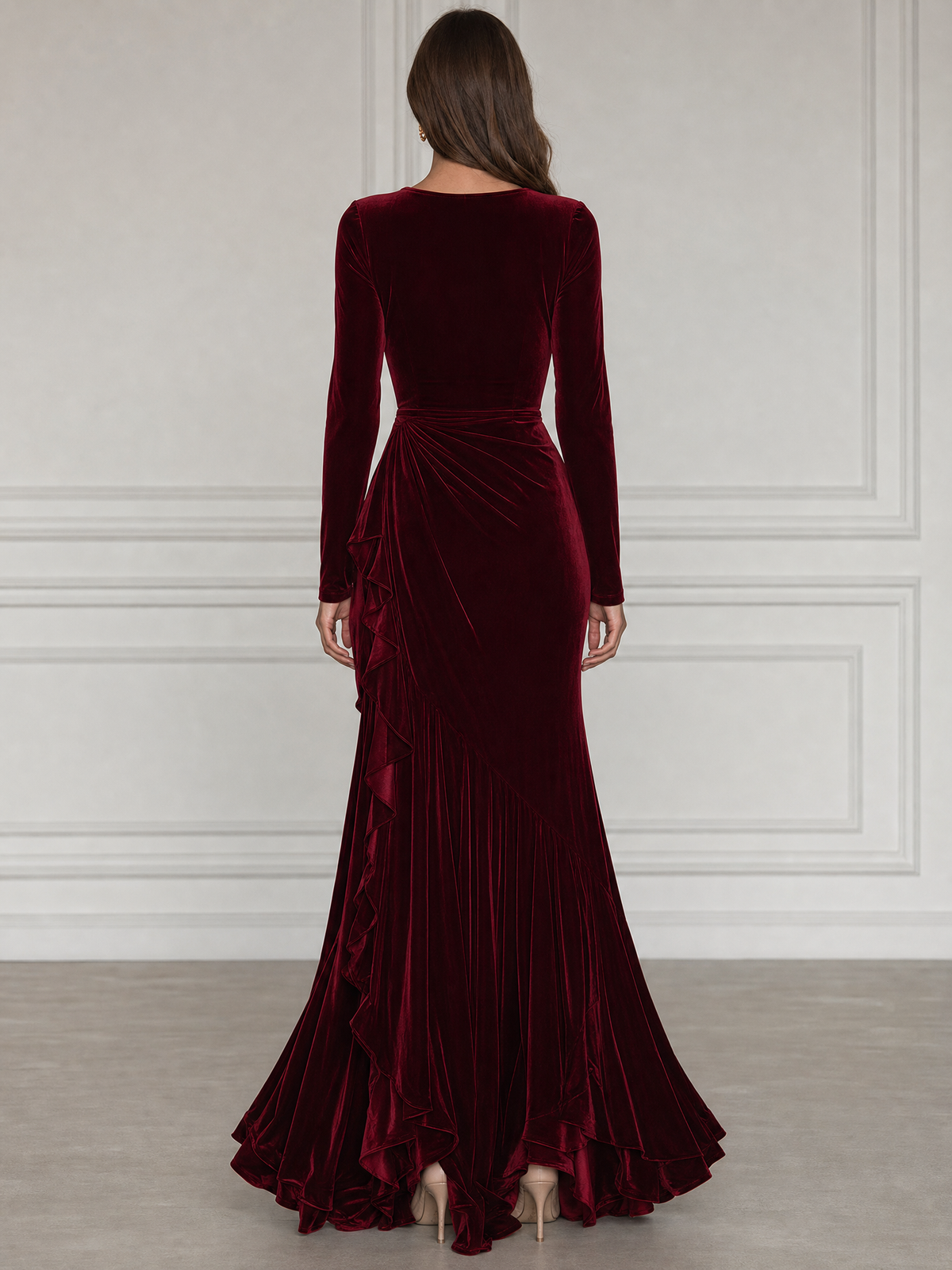 Crew-Neck Long-Sleeve Ruched Ruffle Mermaid Maxi Gown