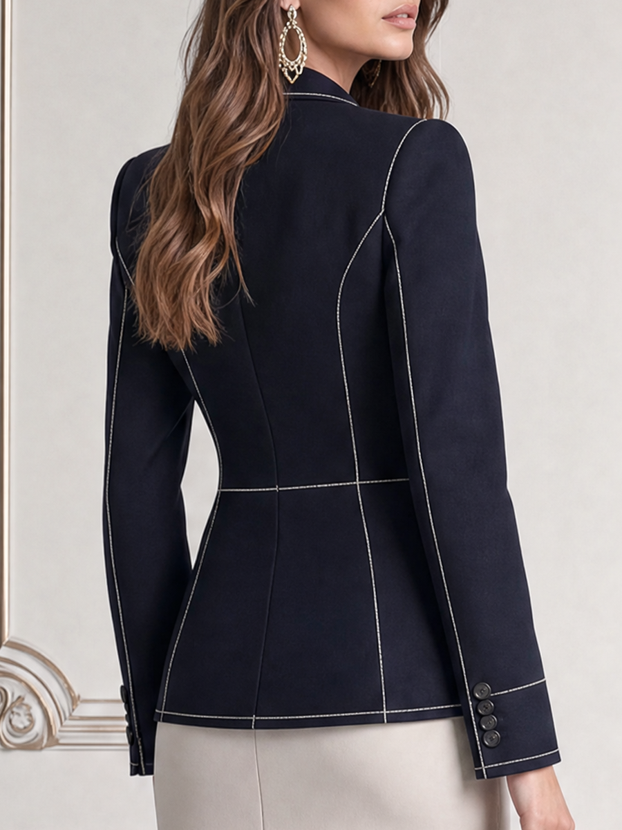 Navy Contrast Topstitch Peak Lapel Fitted Blazer