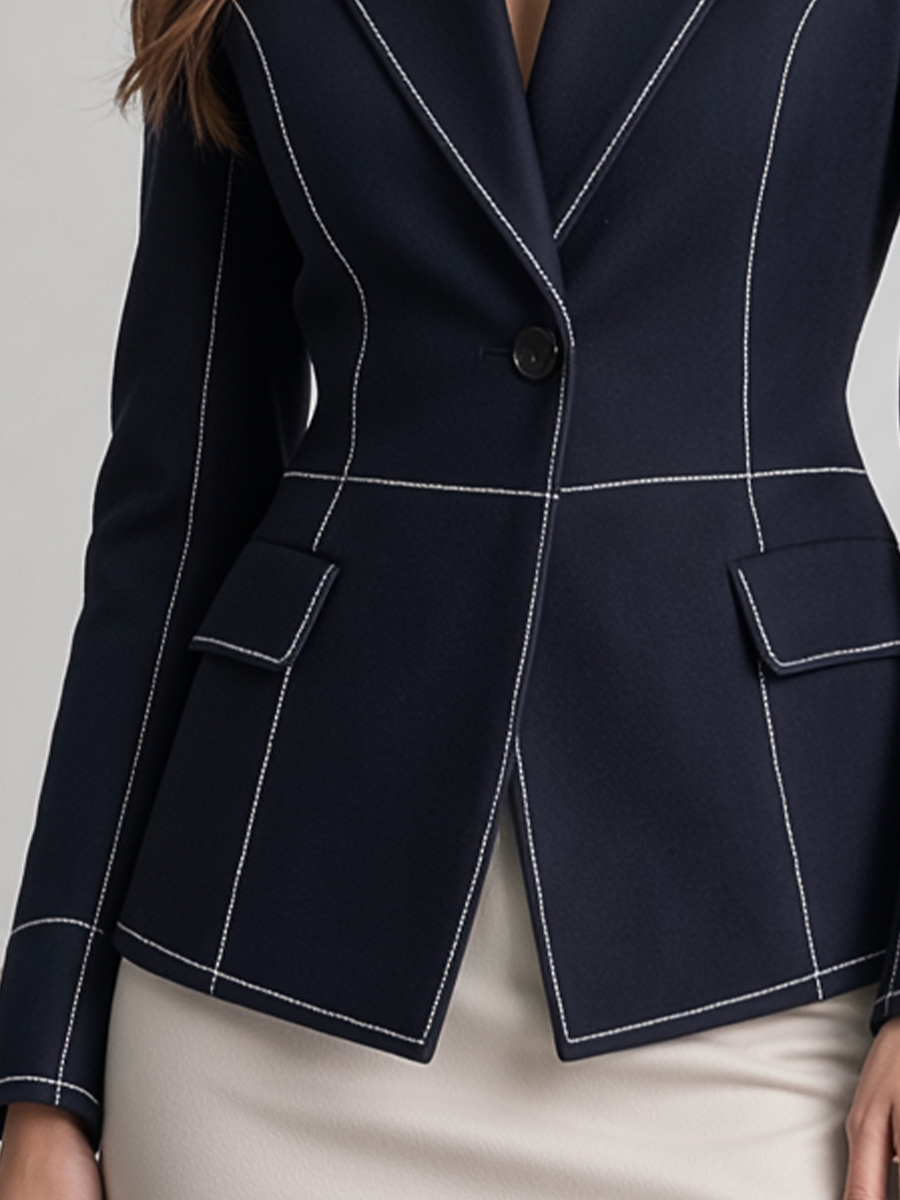 Navy Contrast Topstitch Peak Lapel Fitted Blazer