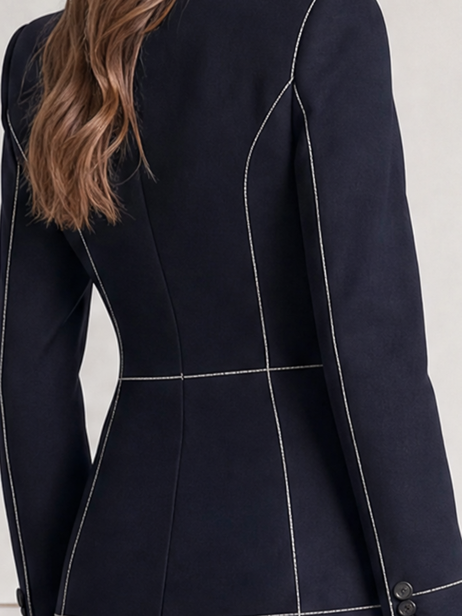 Navy Contrast Topstitch Peak Lapel Fitted Blazer
