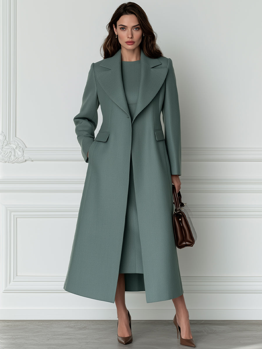 Peak-Lapel Longline Coat & Sleeveless Sheath Midi Dress Two-Piece Set