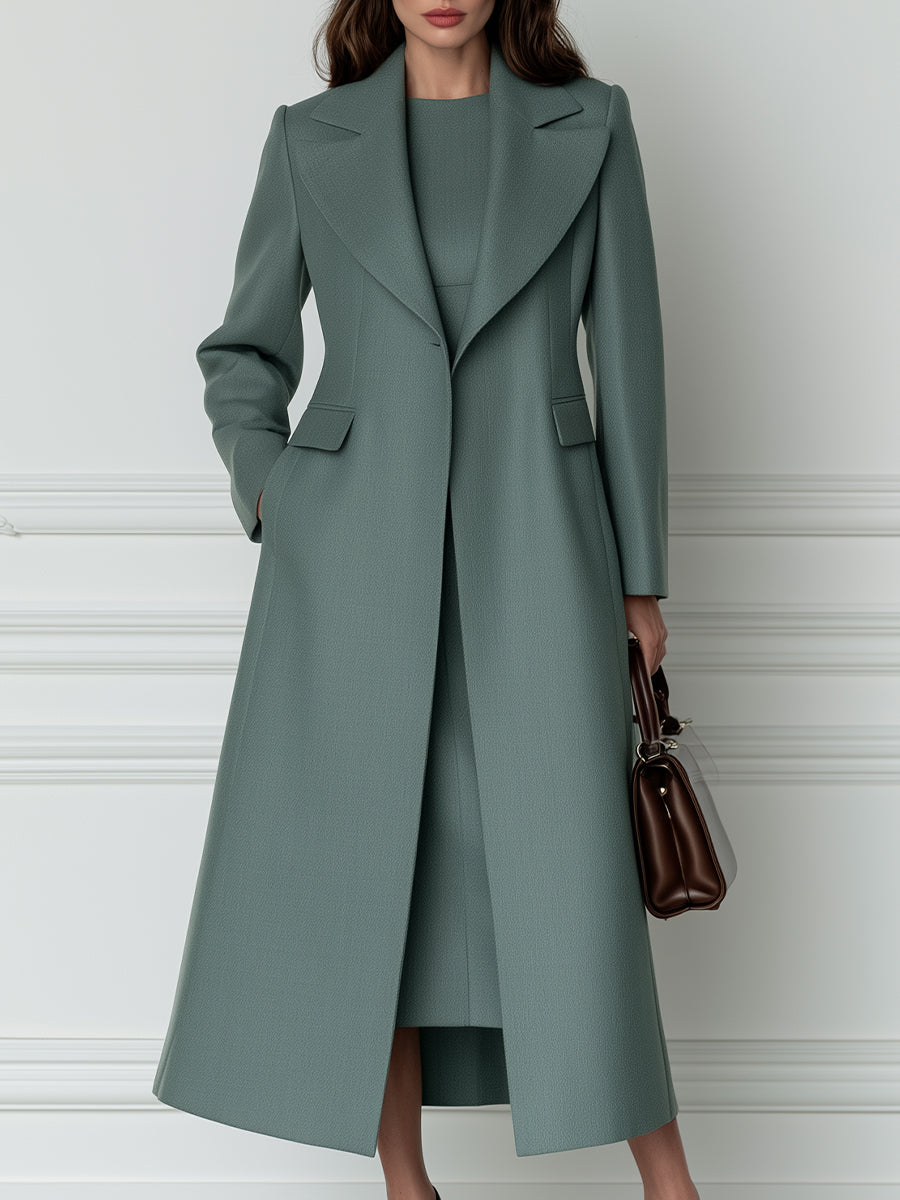 Peak-Lapel Longline Coat & Sleeveless Sheath Midi Dress Two-Piece Set