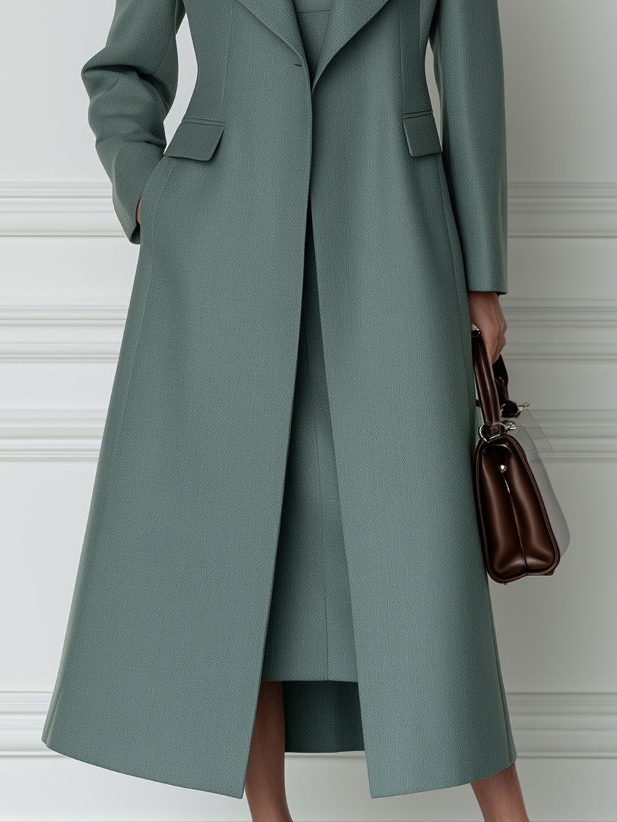 Peak-Lapel Longline Coat & Sleeveless Sheath Midi Dress Two-Piece Set