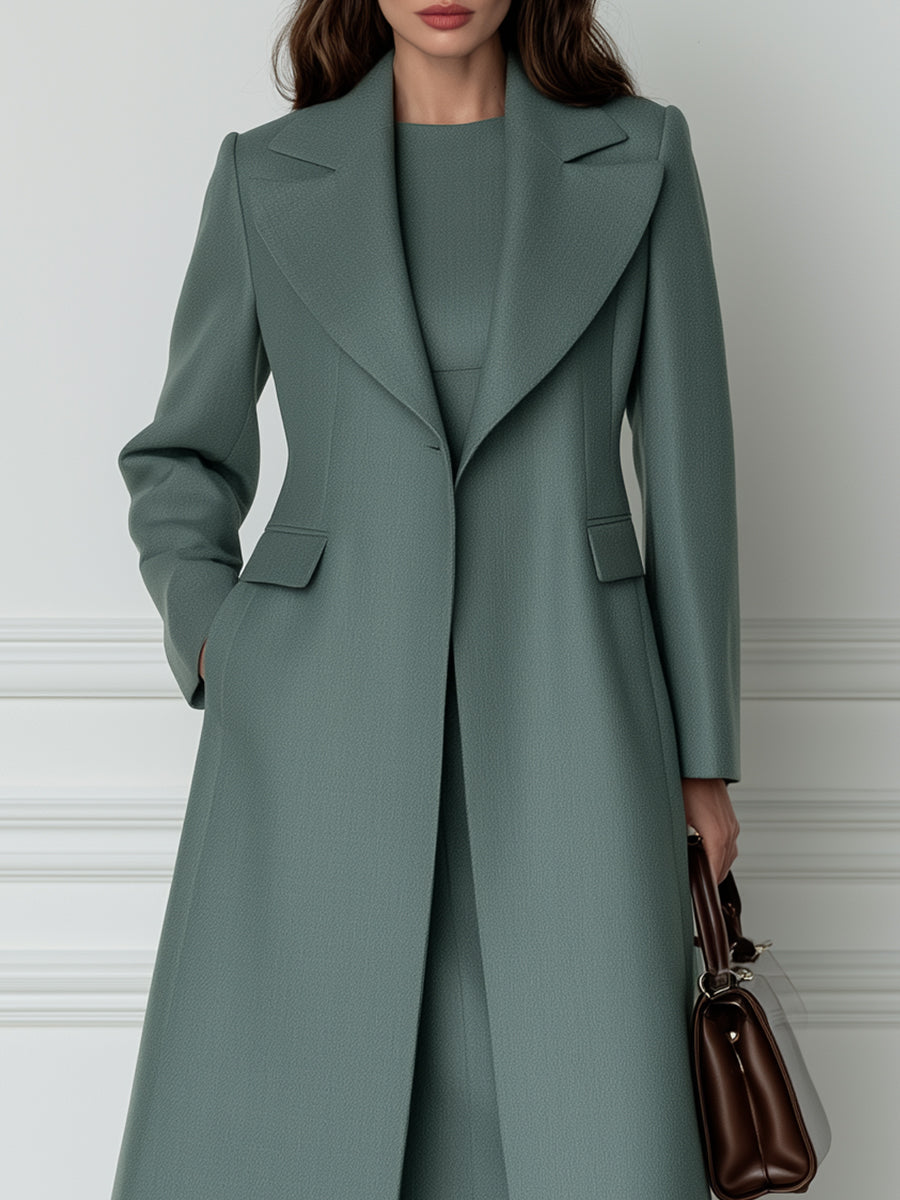 Peak-Lapel Longline Coat & Sleeveless Sheath Midi Dress Two-Piece Set