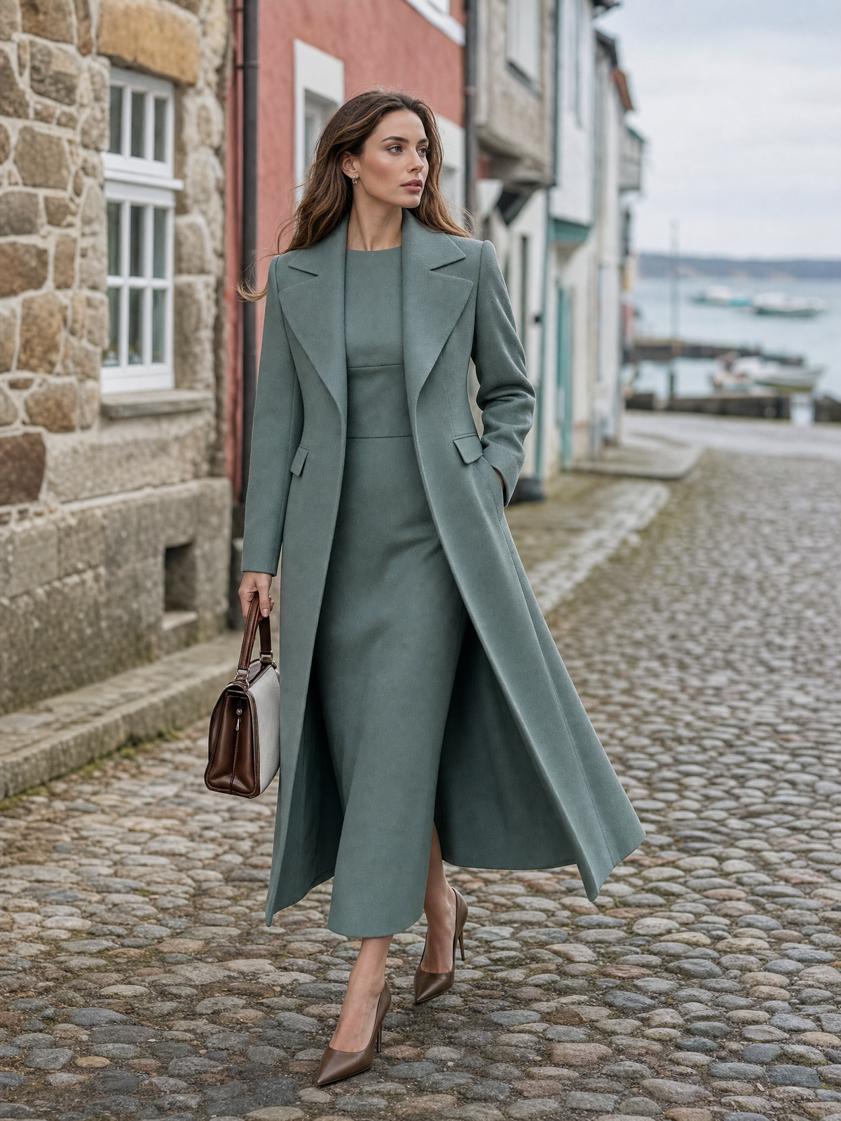 Peak-Lapel Longline Coat & Sleeveless Sheath Midi Dress Two-Piece Set