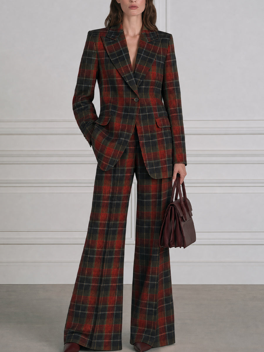 Peak-Lapel Single-Button Plaid Blazer & Wide-Leg Trousers Two-Piece Set