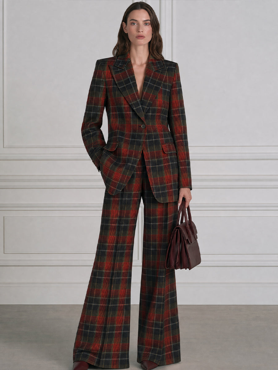 Peak-Lapel Single-Button Plaid Blazer & Wide-Leg Trousers Two-Piece Set
