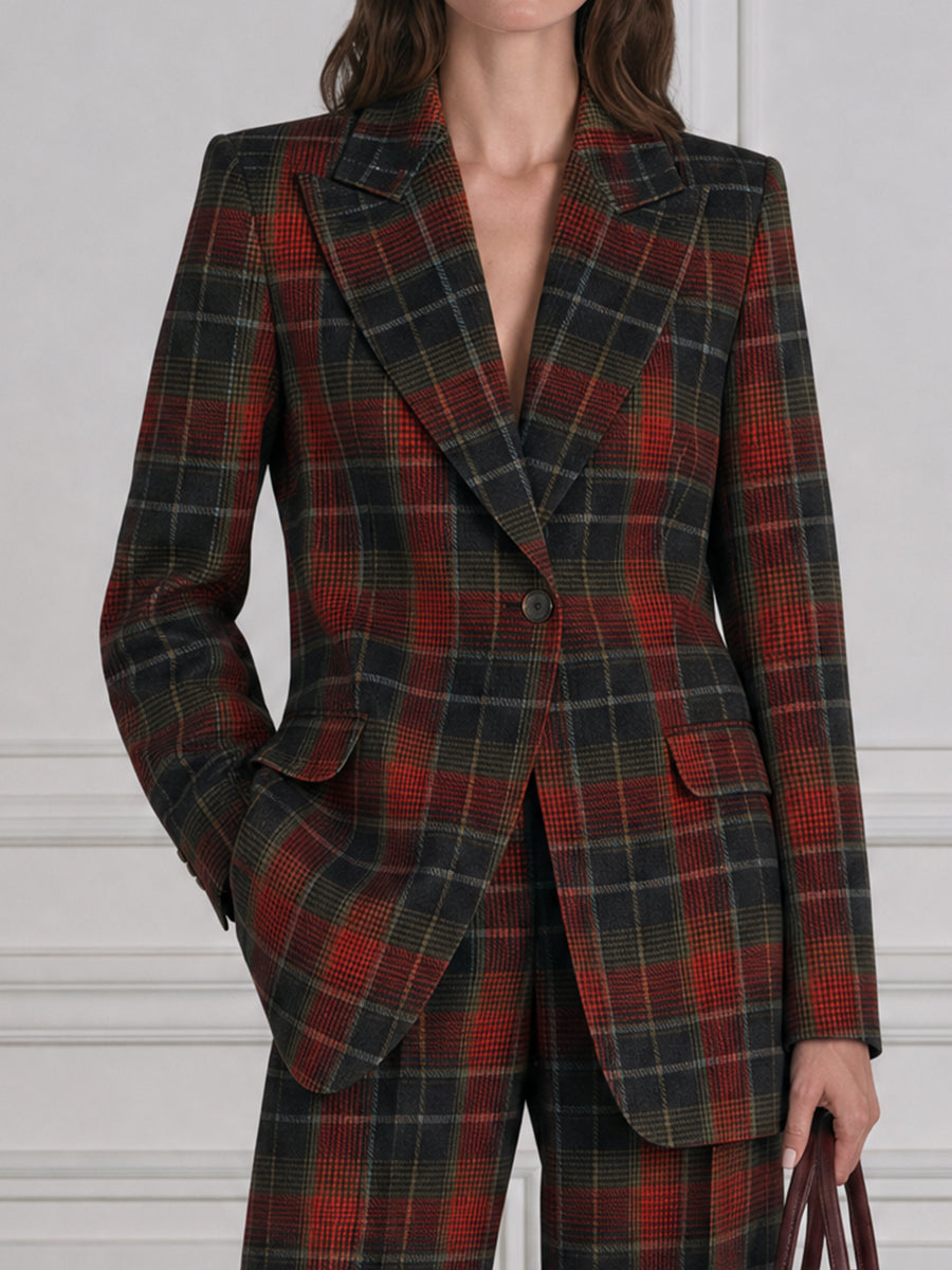 Peak-Lapel Single-Button Plaid Blazer & Wide-Leg Trousers Two-Piece Set