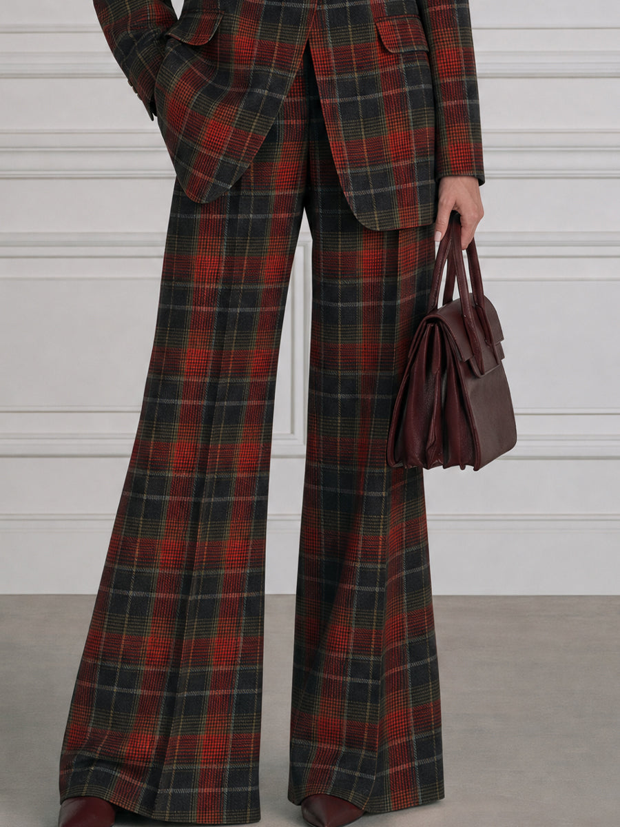 Peak-Lapel Single-Button Plaid Blazer & Wide-Leg Trousers Two-Piece Set