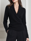 Black Notched Lapel Wrap Front Textured Knit Sweater