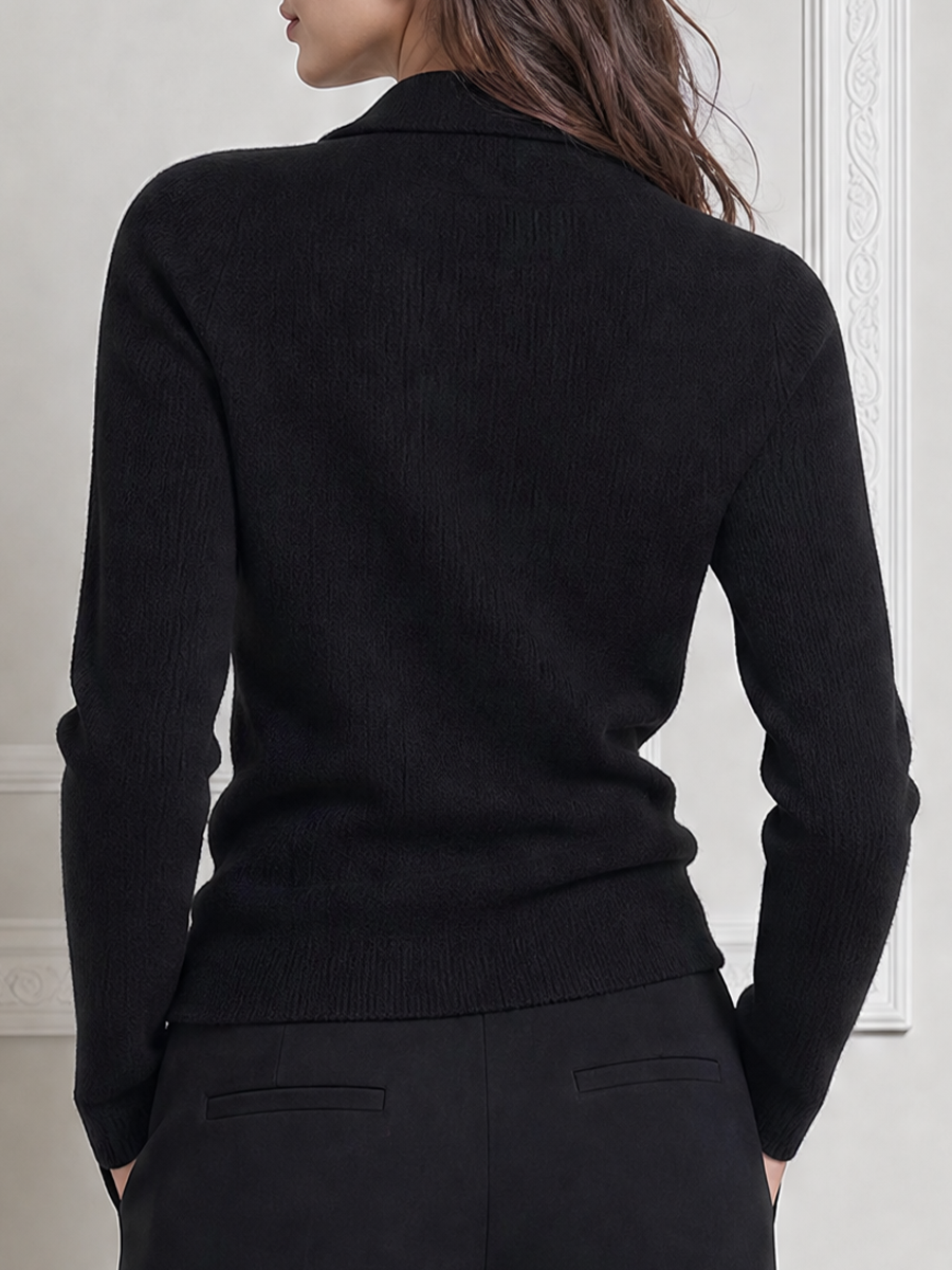 Black Notched Lapel Wrap Front Textured Knit Sweater