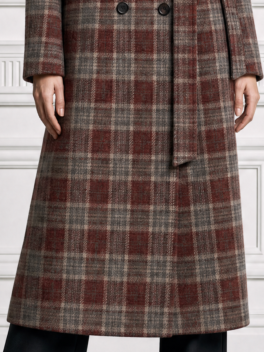 Plaid Double-Breasted Belted Long Wool Coat