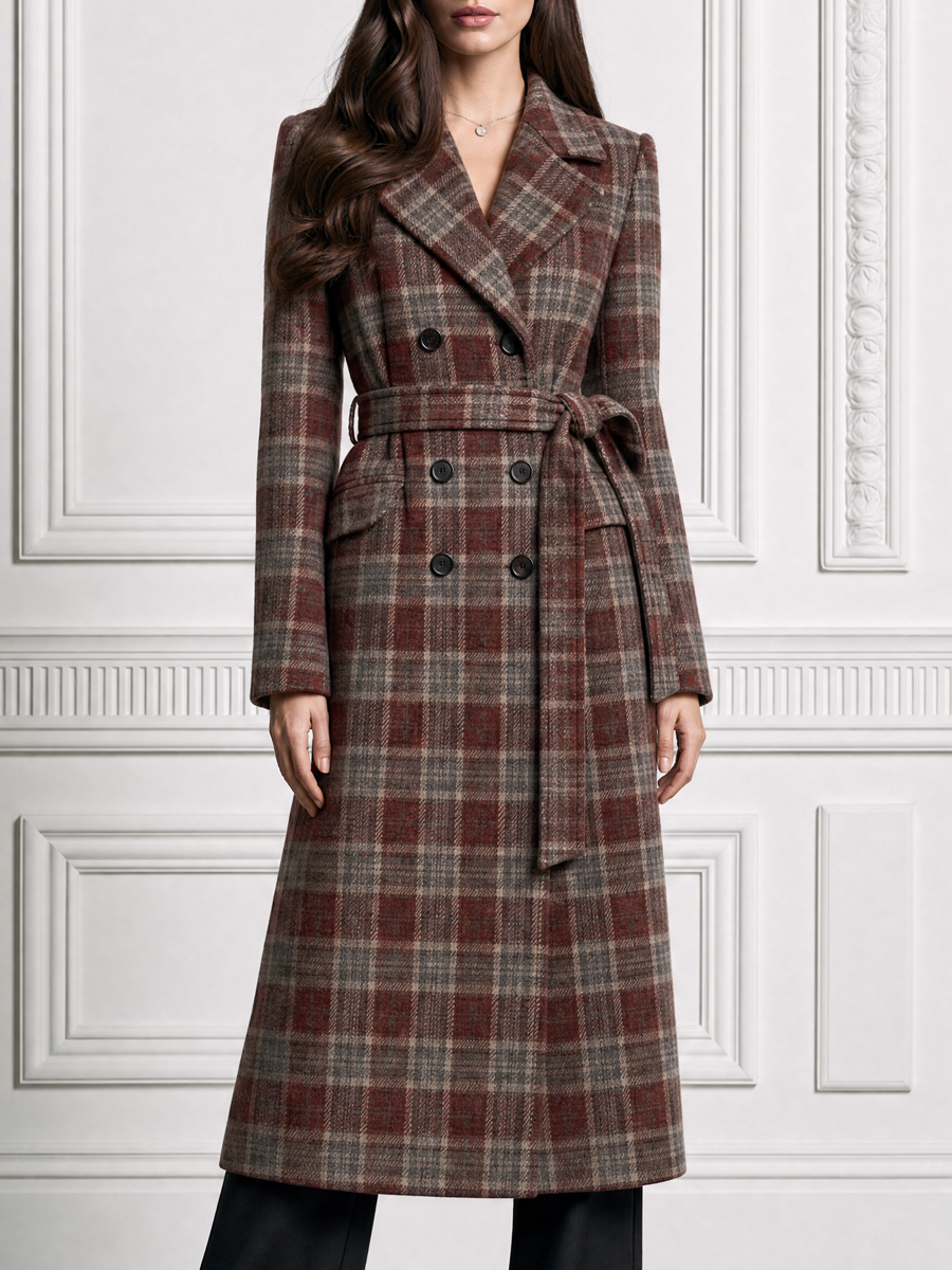 Plaid Double-Breasted Belted Long Wool Coat