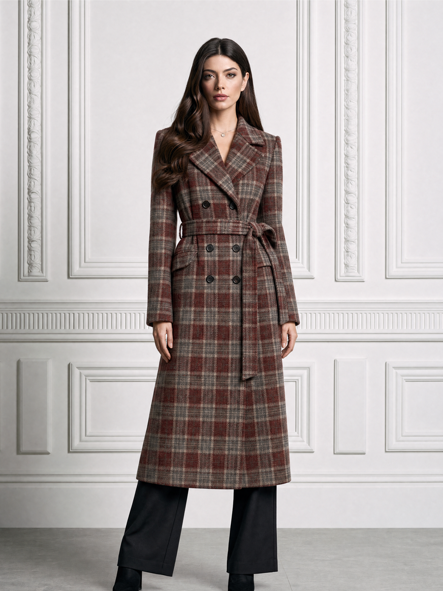 Plaid Double-Breasted Belted Long Wool Coat