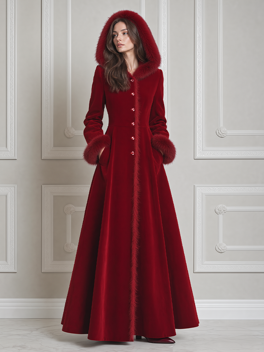 Red Velvet Faux Fur Hood Crystal Button A-Line Maxi Coat