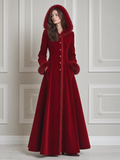 Red Velvet Faux Fur Hood Crystal Button A-Line Maxi Coat