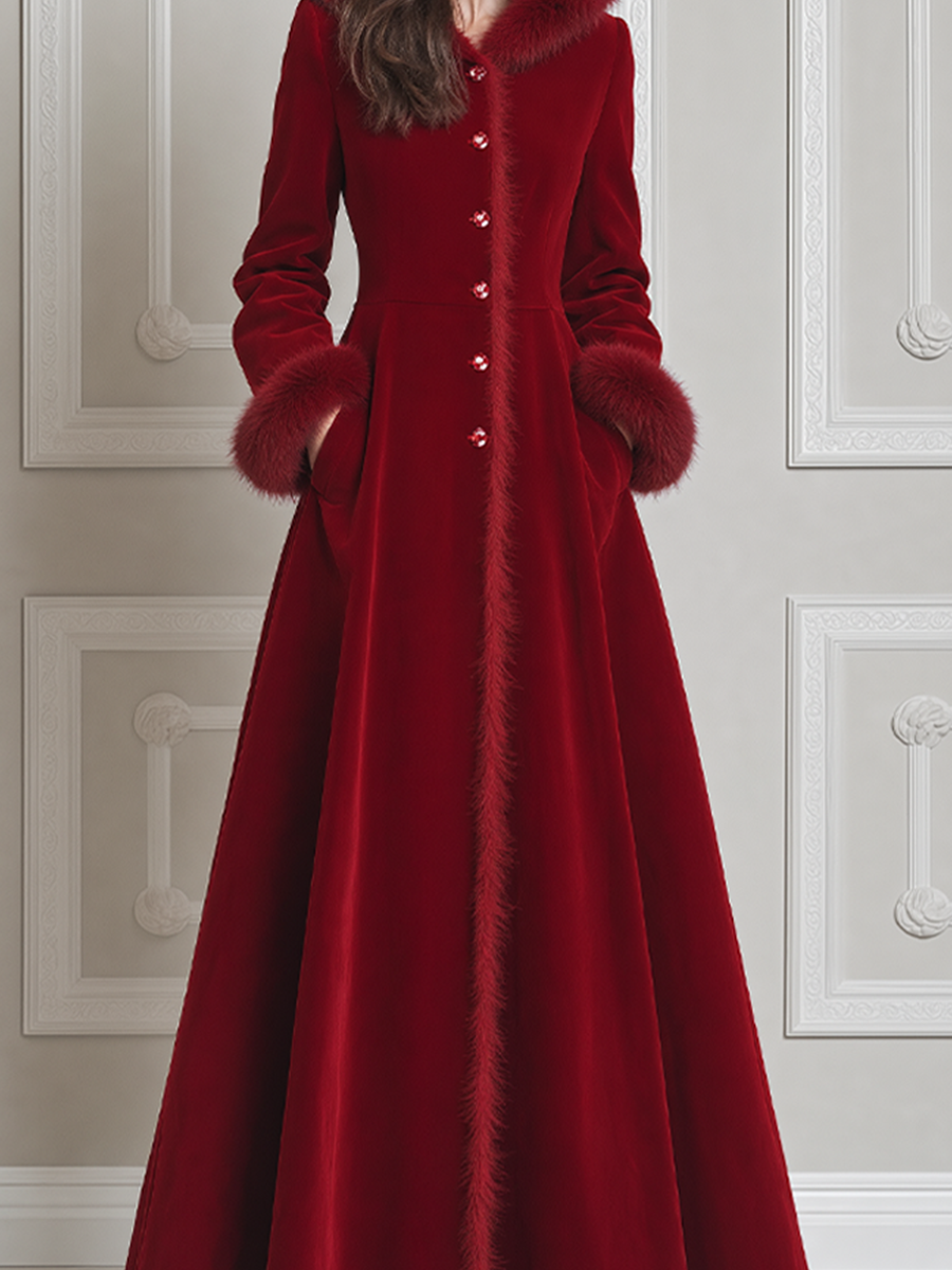 Red Velvet Faux Fur Hood Crystal Button A-Line Maxi Coat