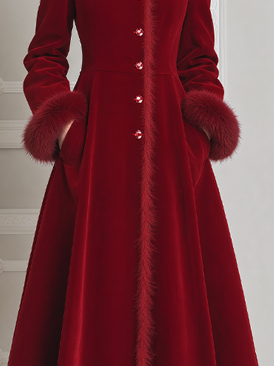 Red Velvet Faux Fur Hood Crystal Button A-Line Maxi Coat