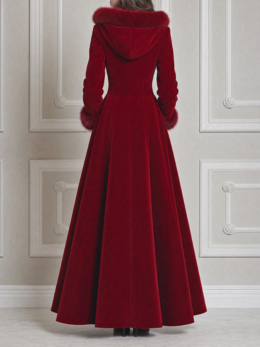 Red Velvet Faux Fur Hood Crystal Button A-Line Maxi Coat
