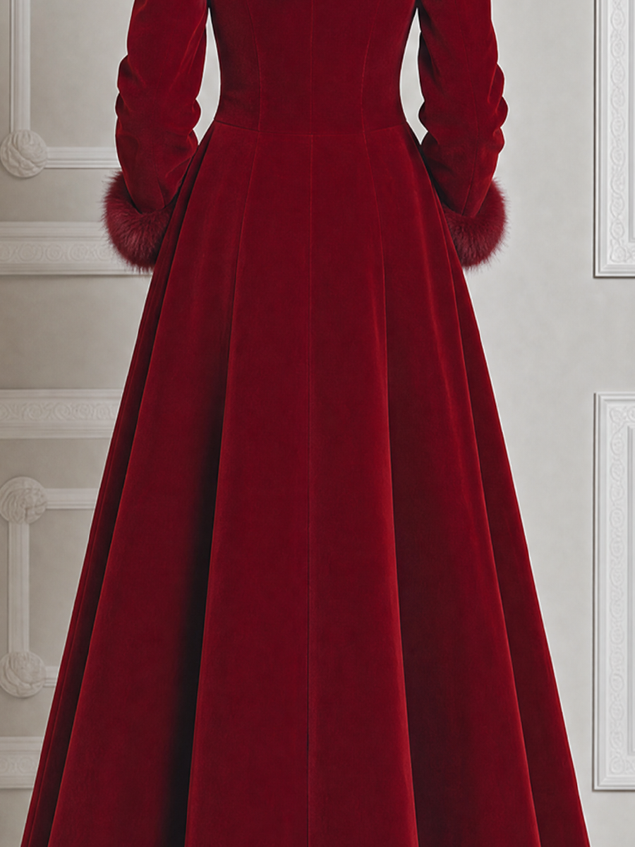 Red Velvet Faux Fur Hood Crystal Button A-Line Maxi Coat