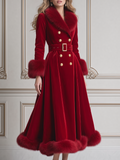 Red Velvet Faux Fur Trim Double Breasted Belted A-Line Maxi Coat