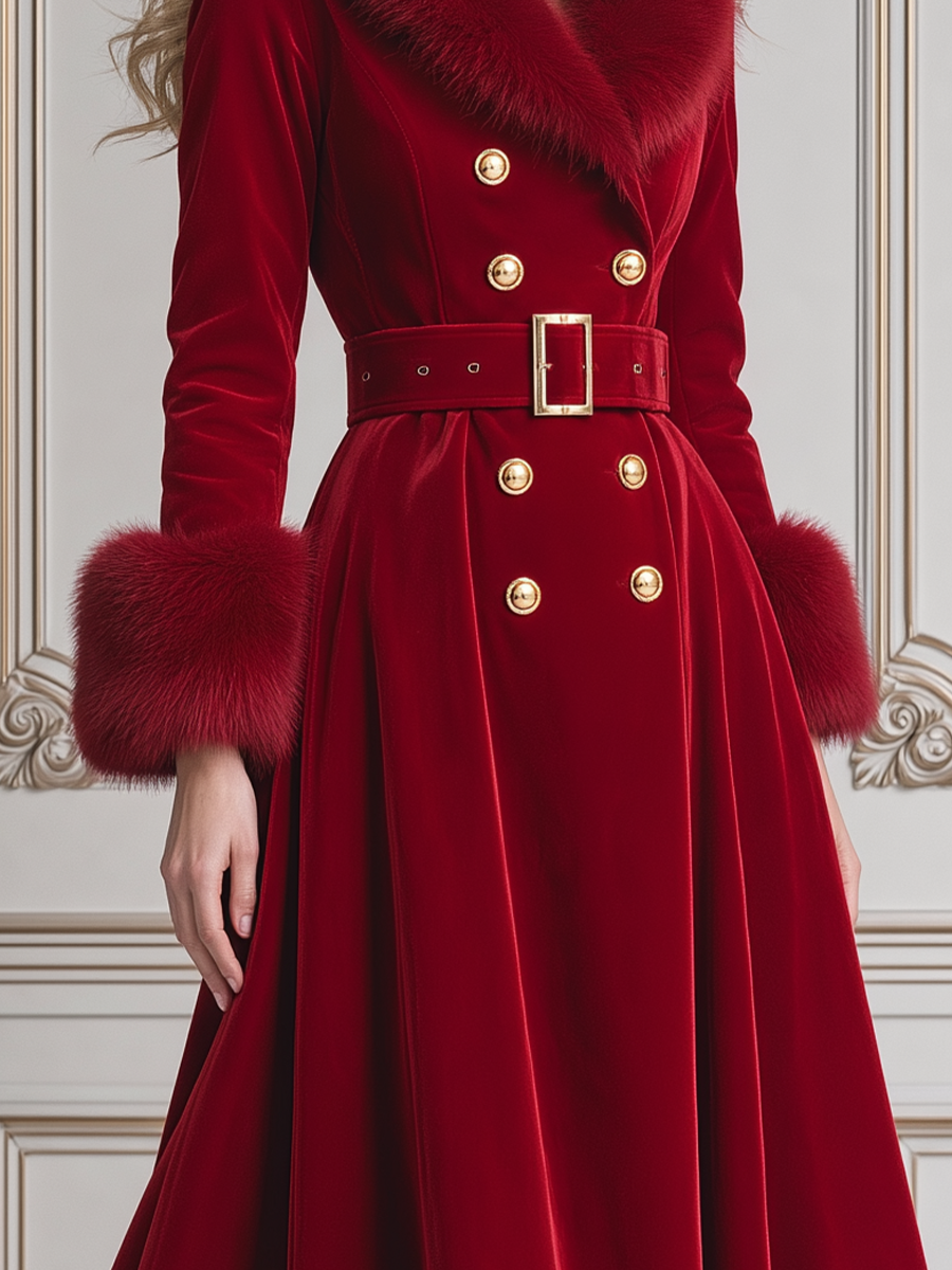 Red Velvet Faux Fur Trim Double Breasted Belted A-Line Maxi Coat