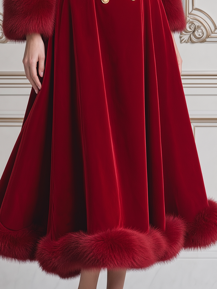 Red Velvet Faux Fur Trim Double Breasted Belted A-Line Maxi Coat