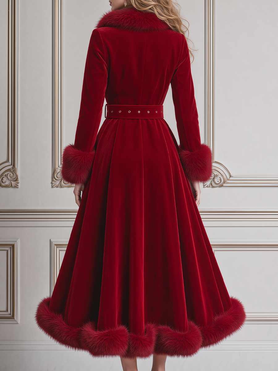 Red Velvet Faux Fur Trim Double Breasted Belted A-Line Maxi Coat