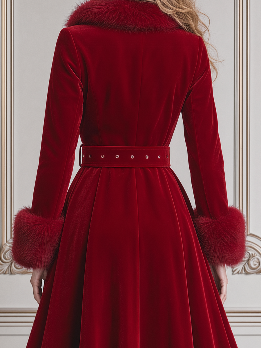 Red Velvet Faux Fur Trim Double Breasted Belted A-Line Maxi Coat