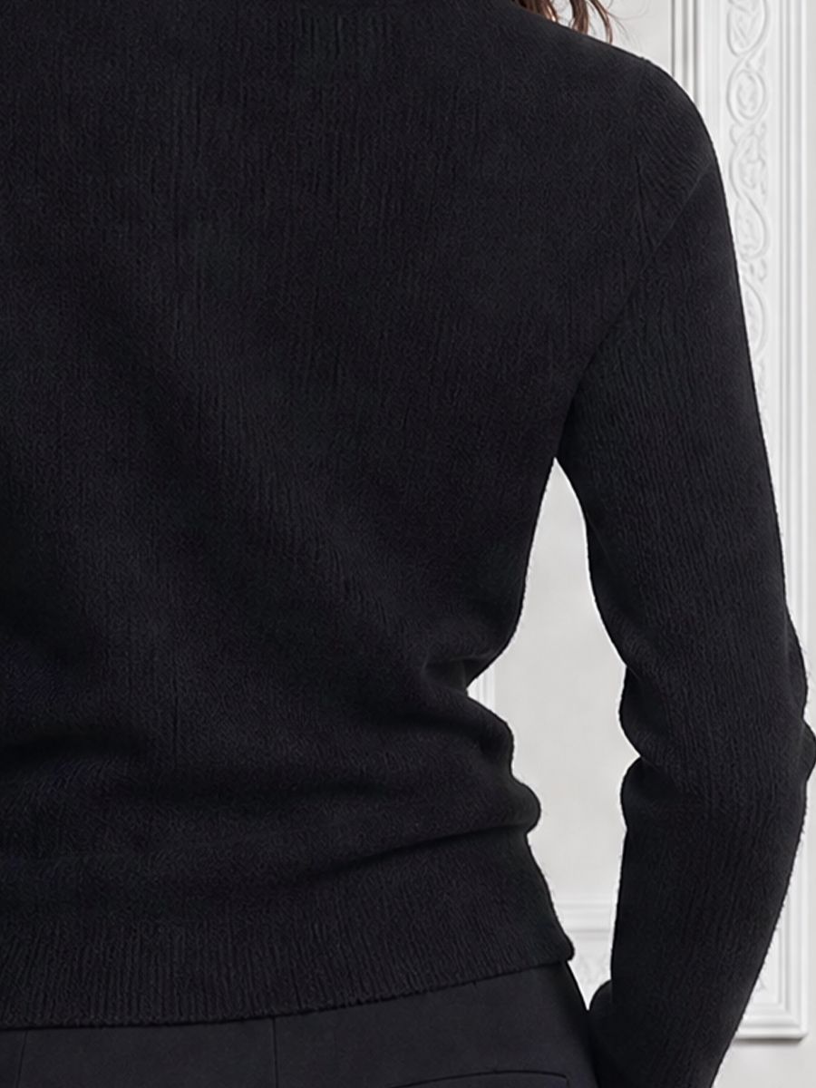 Black Notched Lapel Wrap Front Textured Knit Sweater