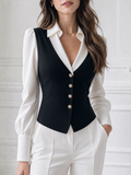 Contrast Faux Vest Overlay Two-Piece Puff-Sleeve Blouse