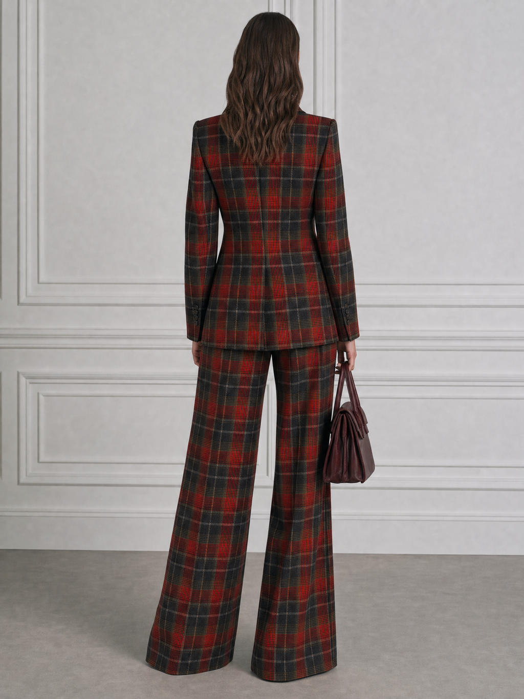 Peak-Lapel Single-Button Plaid Blazer & Wide-Leg Trousers Two-Piece Set