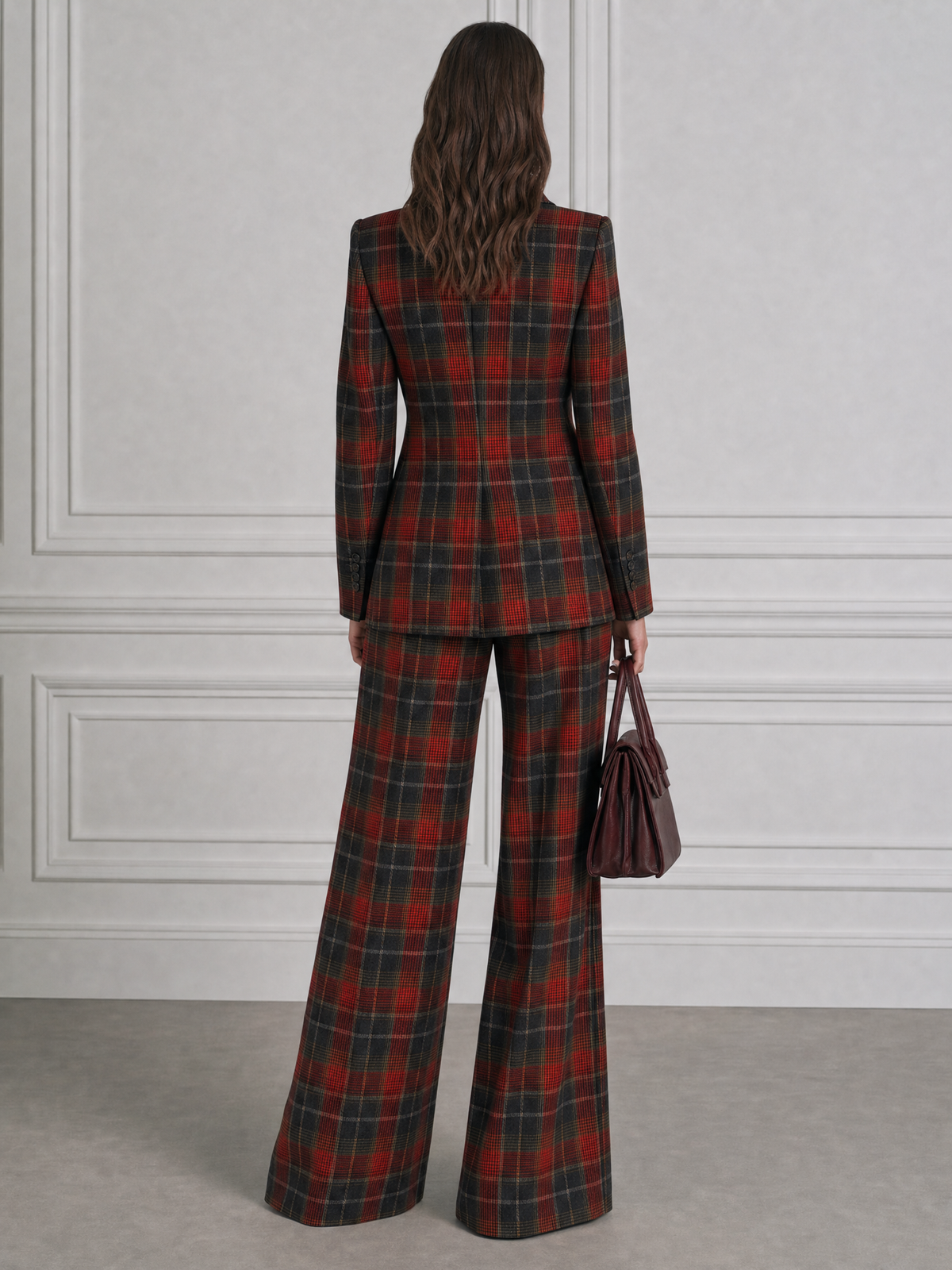 Peak-Lapel Single-Button Plaid Blazer & Wide-Leg Trousers Two-Piece Set