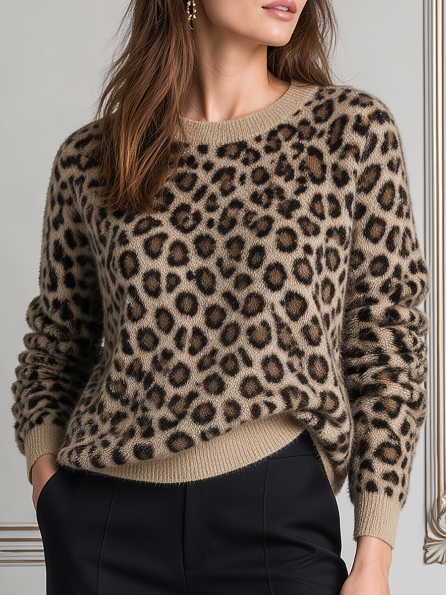 Leopard Print Fuzzy Crew-Neck Knit Sweater