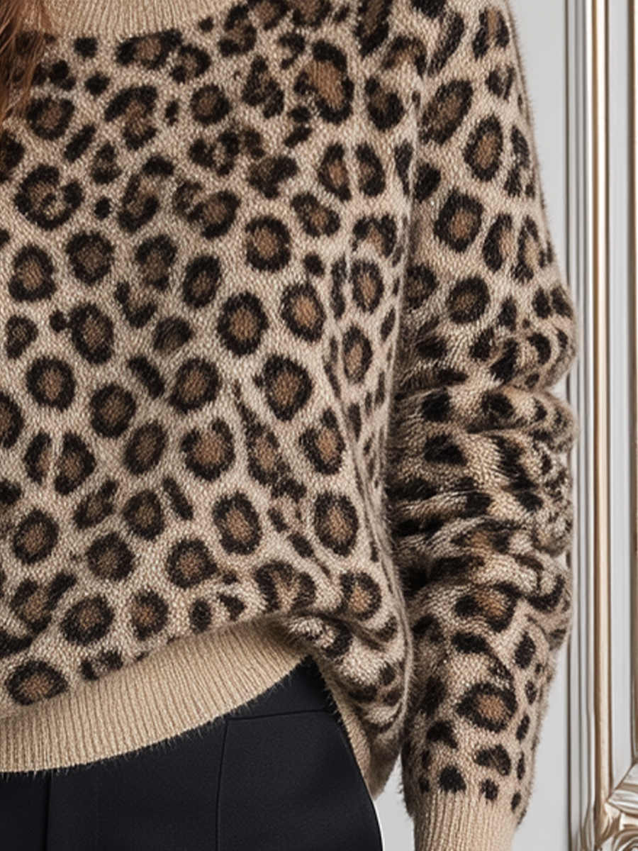 Leopard Print Fuzzy Crew-Neck Knit Sweater