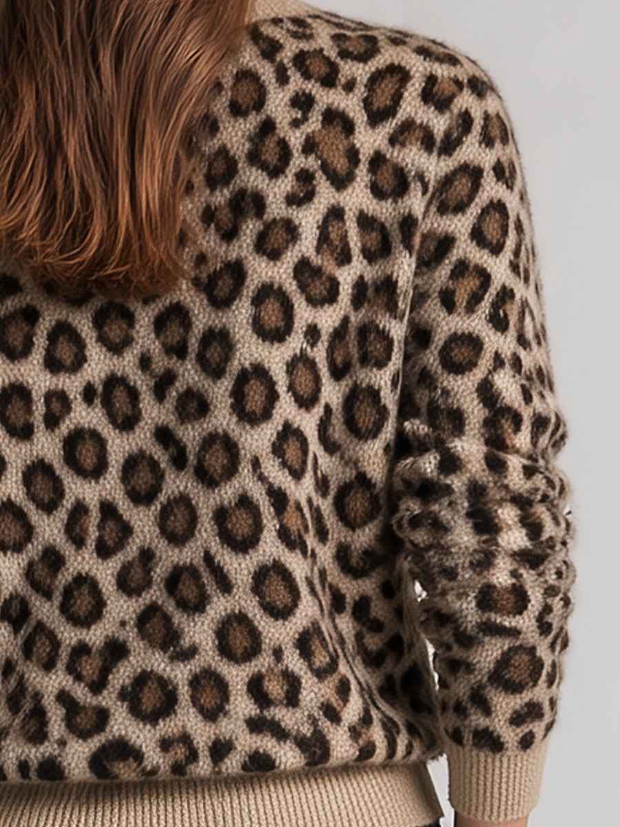 Leopard Print Fuzzy Crew-Neck Knit Sweater