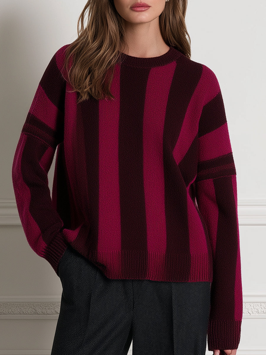 Crew-Neck Long-Sleeve Vertical-Stripe Relaxed Knit Sweater