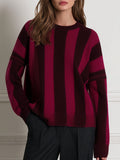 Crew-Neck Long-Sleeve Vertical-Stripe Relaxed Knit Sweater