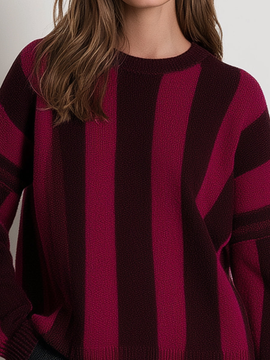 Crew-Neck Long-Sleeve Vertical-Stripe Relaxed Knit Sweater