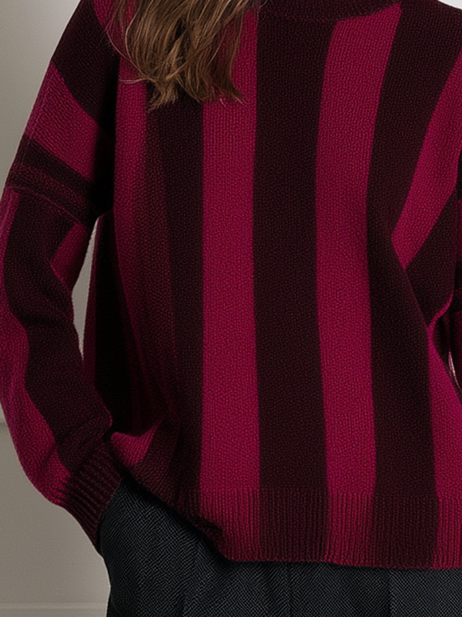Crew-Neck Long-Sleeve Vertical-Stripe Relaxed Knit Sweater