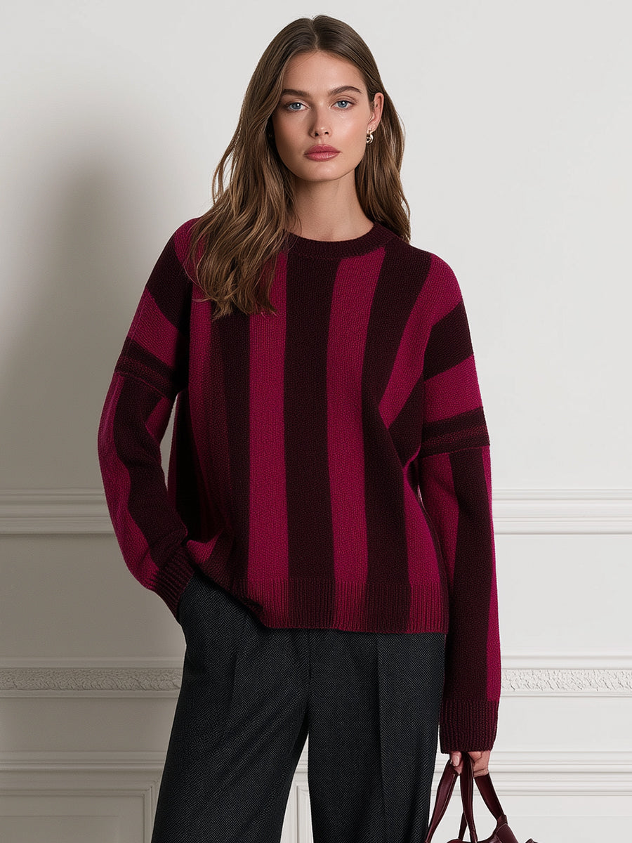 Crew-Neck Long-Sleeve Vertical-Stripe Relaxed Knit Sweater