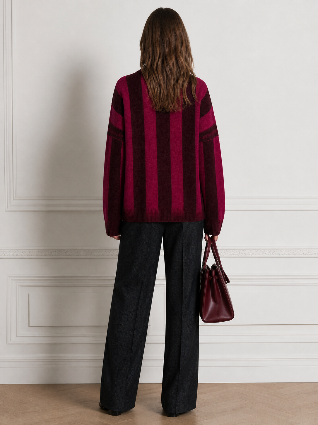 Crew-Neck Long-Sleeve Vertical-Stripe Relaxed Knit Sweater