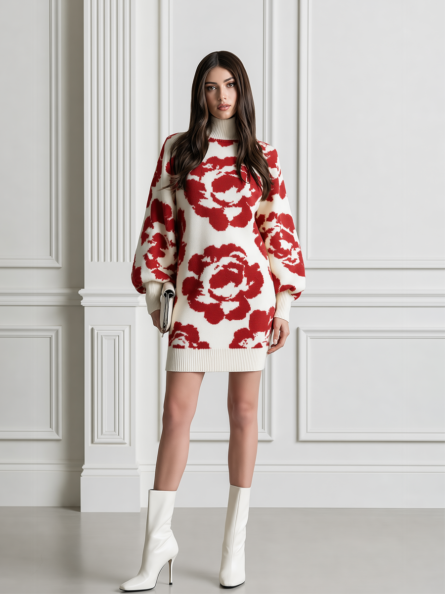 Red Rose Turtleneck Balloon Sleeves Knit Sweater Dress