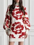 Red Rose Turtleneck Balloon Sleeves Knit Sweater Dress