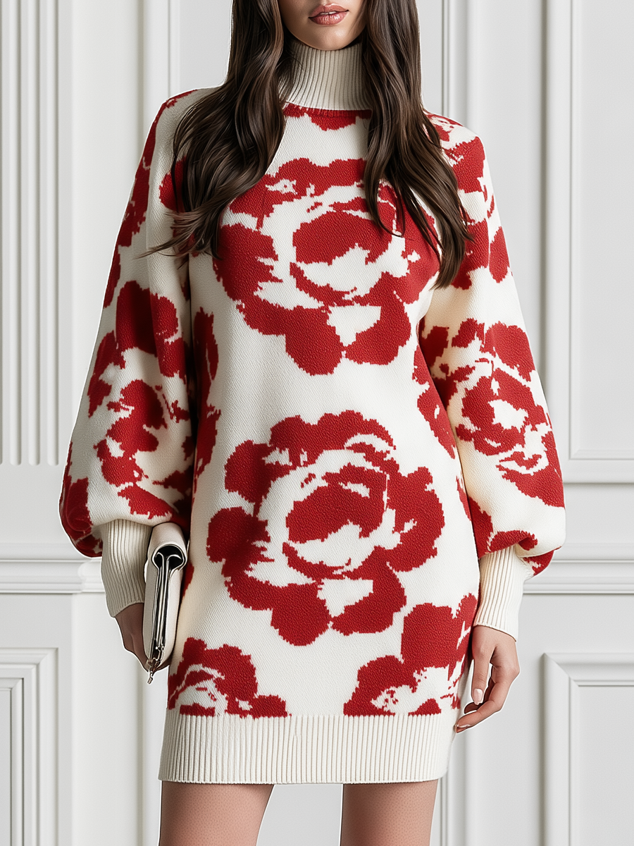 Red Rose Turtleneck Balloon Sleeves Knit Sweater Dress