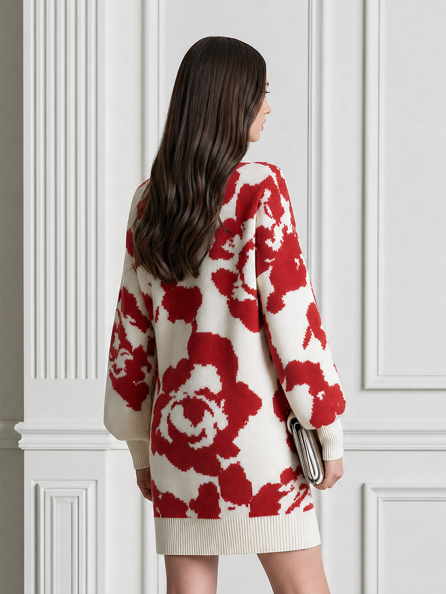 Red Rose Turtleneck Balloon Sleeves Knit Sweater Dress